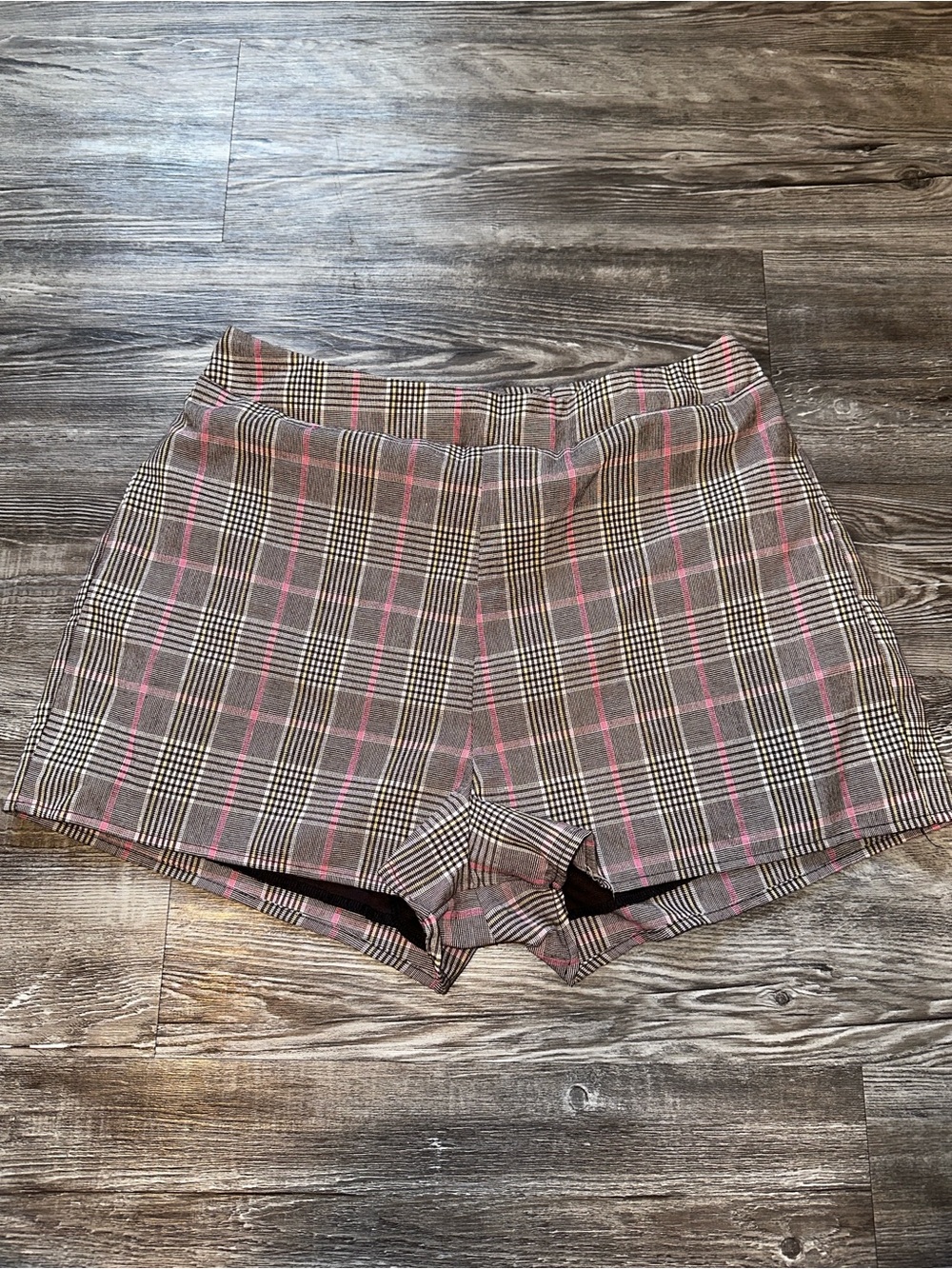 Papaya Gray Plaid High-Waist Shorts with Pink Accents